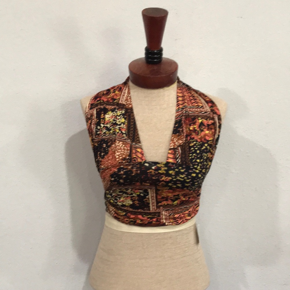 Free People Heather Hand Printed Halter Top Bronze Combo Size L